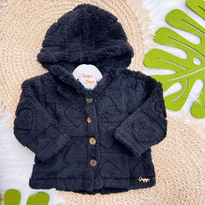 Casaco Avulso de Pelinho Corações com Capuz e Botões - Preto